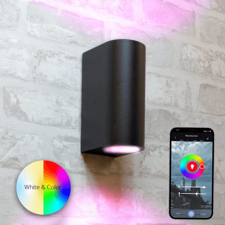 Zwarte up down wandlamp voor buiten met zigbee gu10 spots – rond