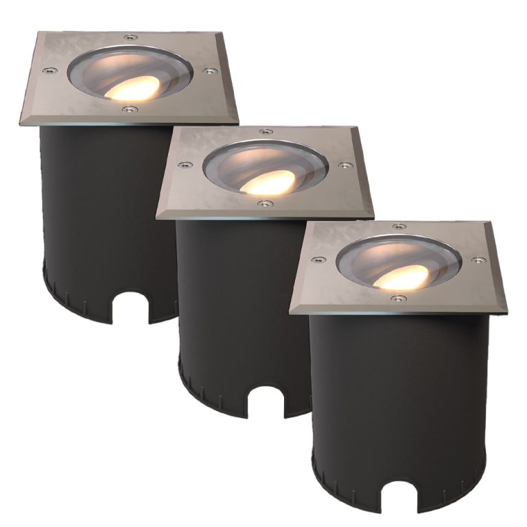 Set van 3 Cody LED Grondspots RVS – GU10 4,5 Watt 345 lumen dimbaar – 2700K warm wit – Kantelbaar – Overrijdbaar – Vierkant – IP67 waterdicht