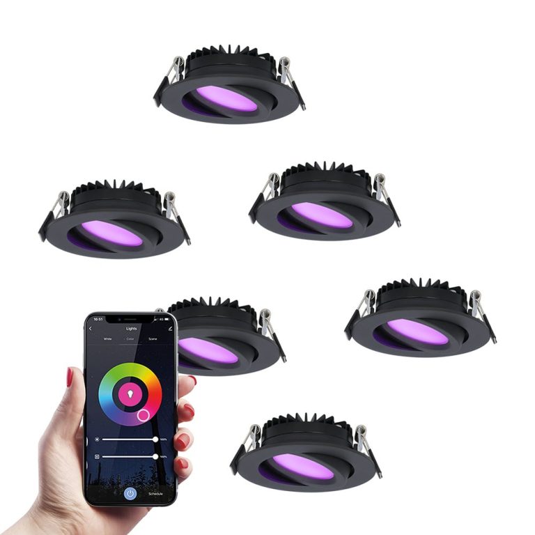 Set van 6 smart LED inbouwspots Rome – Zwart – 6 Watt – WiFi & Bluetooth – RGBWW – IP44 – Dimbaar via app – Kantelbaar