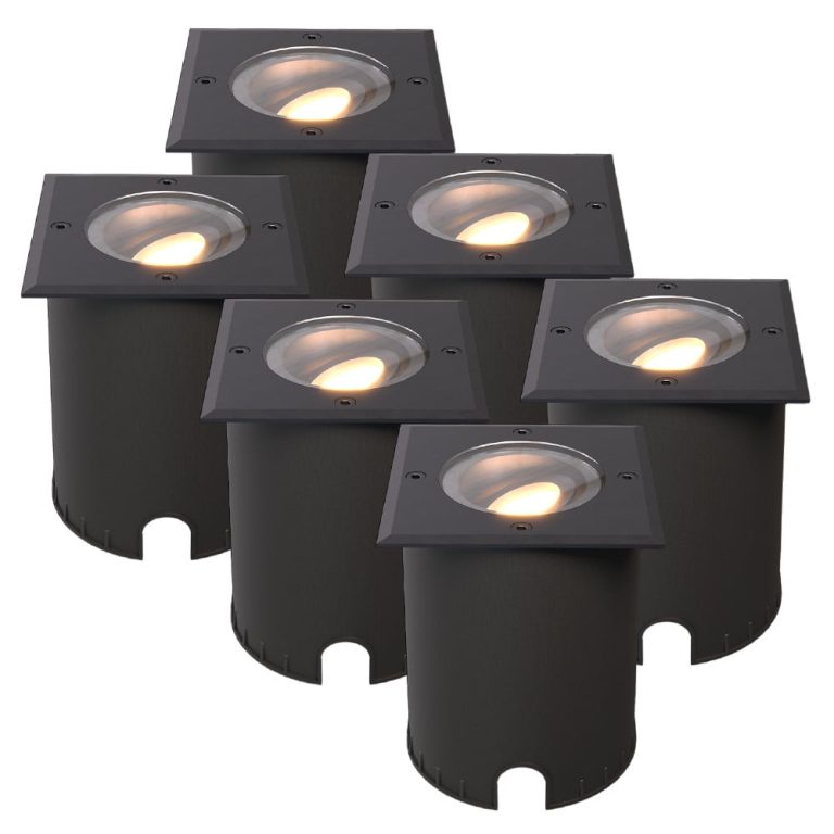 Set van 6 Cody LED Grondspots Zwart – GU10 4,5 Watt 345 lumen dimbaar – 2700K warm wit – Kantelbaar – Overrijdbaar – Vierkant – IP67 waterdicht