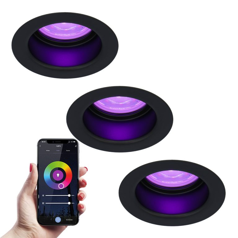 3x Mari smart LED inbouwspot verzonken – 5.5 Watt – RGBWW – WiFi+BLE – Verwisselbare GU10 – Dimbaar – voor binnen en buiten – Zwart